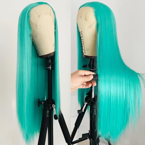 Blue Green Color Synthetic Lace Front Wigs for Fashion Women 24 Inch Long Silky Straight Hair Mint Green Wig 13x4 HD Lace Front Wigs Pre Plucked Hairline