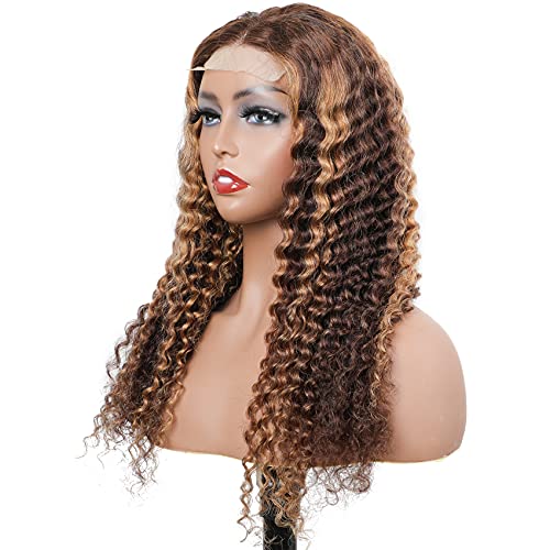 BLY Highlight Human Hair Lace Front Wigs Deep Wave #4/27 Ombre Colored Glueless Wigs Pre Plucked 24 Inch 4x4 Transparent Curly Water Wave Lace Wig Honey Blonde Real Human Hair 180% Density