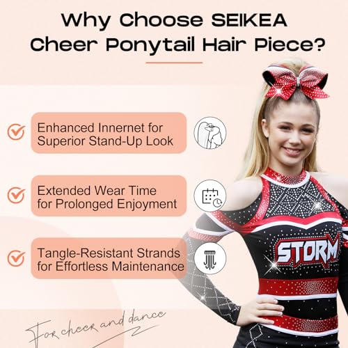 SEIKEA Cheer Ponytail Hair Piece, 16" Black Brown Straight Cheerleader Hairpiece Ponytail Extension for Cheerleader Competition, Dance