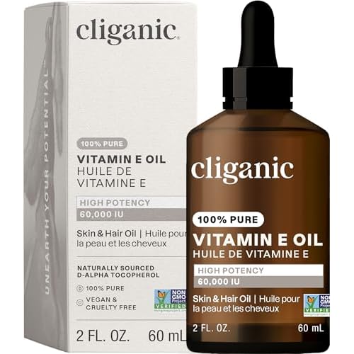 Cliganic Pure Vitamin E Oil for Skin, Scars, Hair & Face - 60,000 IU, Non-GMO Verified | Natural D-Alpha Tocopherol