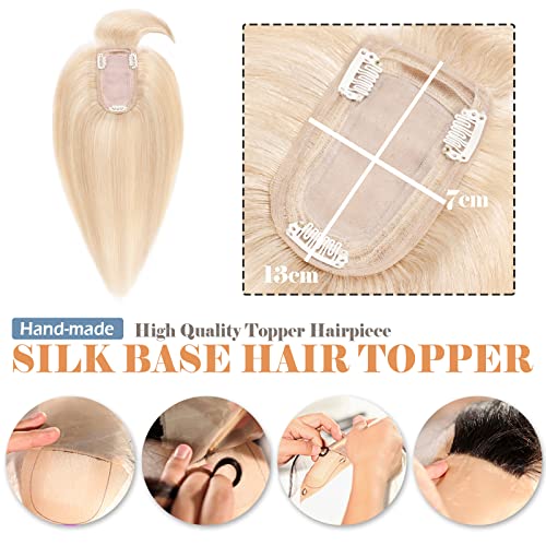 Hairro Clip In Remy Topper Hairpiece With Bangs Human Hair Clip On Toupee Wispy Bangs For Women Middle Part With Hair Loss Thinning Hair Grey Hair 16 Inch 48g #18P613 Ash Blonde Mix Bleach Blonde
