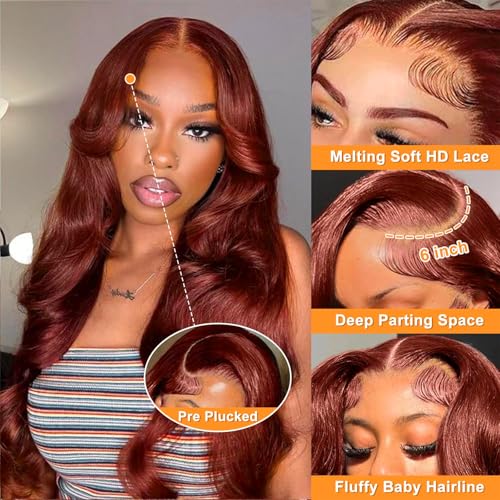 Reddish Brown Lace Front Wigs Human Hair Body Wave 13x6 HD Lace Front Wig Human Hair 180% Density Wear and Go Glueless Auburn Wigs Human Hair Pre Plucke Brown Wigs for Women 26 Inch