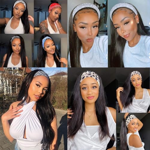 Headband Wig Human Hair Straight Headband Wigs Brazilian Virgin Hair 150% Density None Lace Front Wigs Human Hair Glueless Headband Half Wig for Women Natural Color 28 Inch
