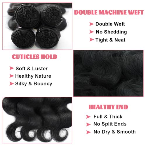 14A Body Wave Human Hair Bundles 16 18 20 22 Inch Bundles Human Hair 100% Unprocessed Brazilian Virgin Hair Body Wave 4 Bundles Human Hair Extensions for Women Natural Color Quick Weave