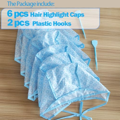 6 Pcs Hair Highlighting Cap, Highlight Caps, Hair Coloring Frosting Dye Kit with 2 Pcs Plastic Hooks for Salon DIY Hair Dyeing Hairdressing (Blue)