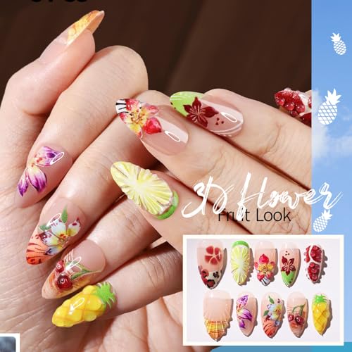 FANDAMEI Press on Nails, 4 Styles 120PCS 3D Flower Press on Nails Short Almond Fake Nails, Medium Almond 3D False Nails, Flower Butterfly Spring Summer Nails for Women