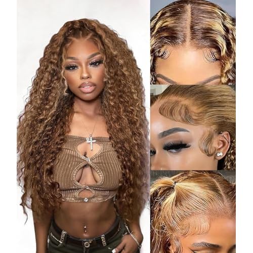 Glueless Wigs Human Hair Pre Plucked Pre Cut Highlight Ombre Deep Wave Lace Front Wigs 180 Density 5x5 HD Lace Closure Wigs For Black Women,Beginner Friendly 28 Inch
