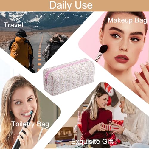 Cute Floral Cotton Makeup Brush Cosmetic Bag for Women, Travel Quilted Zipper Make Up Bag, Flowers Toiletry Organizer Case Kawaii Makeup Cosmetic Travel Cloth Pouch (Pink Floral)