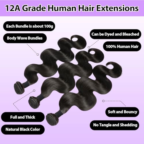 12A Body Wave Bundles Human Hair 28 30 32 Inch Human Hair Bundles 100% Unprocessed Brazilian Virgin Weave 3 Bundles Real Human Hair Double Weft Quick Weave Hair Extensions for Women Natural Black