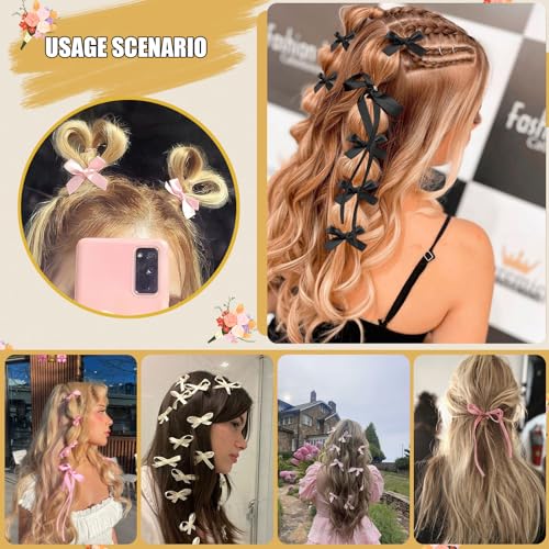 Mini Hair Bows for Women Girls Cute Hair Clips Small Alligator Long Tail Hair Ribbon Accessories -3 Styles -36P - Black White Pink