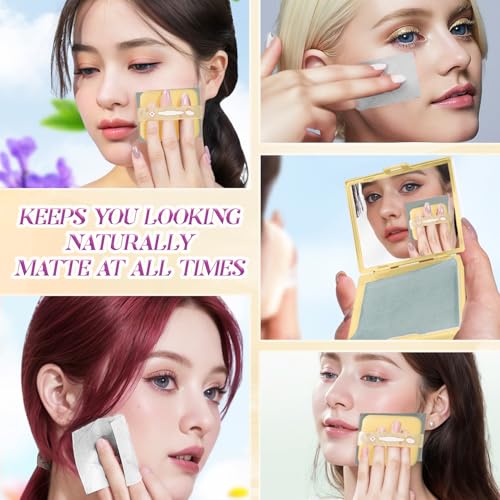 BOROLA 3-in-1 Oil Blotting Paper Set for Face 100 Sheets Oil Absorbing Sheet with Portable Mirror & Adhesive Makeup Puff, Blotting Paper for Oily Skin, Design for Men & Women(Yellow)