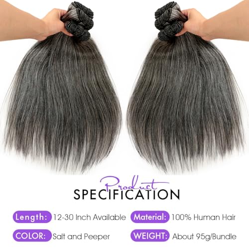 Salt and Pepper Bundles Human Hair 16 18 20 Inch Natural Grey Straight Bundles Human Hair 100% Unprocessed 12A Grade Brazilian Virgin Hair for Black Women