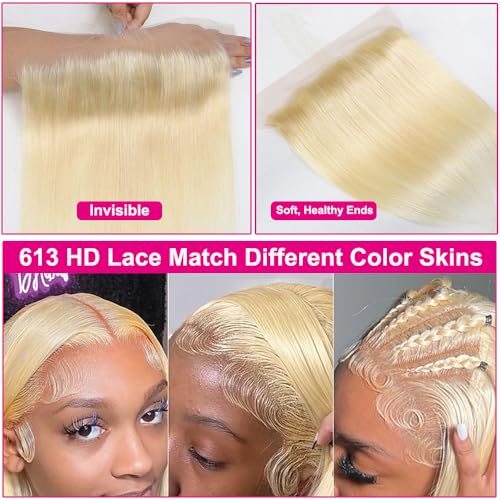 13x6 613 Blonde Frontal Straight Transparent HD Lace Frontal Closure 12A Brazilian Virgin Remy Hair Free Part Ear to Ear Blonde Human Hair For Women Pre Plucked With Baby Hair 150% Density 22 Inch