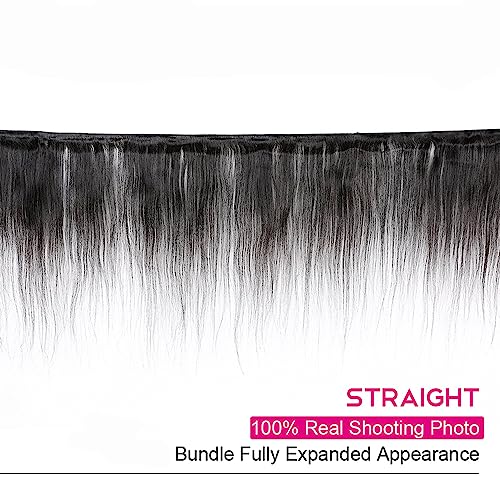 Human Hair 3 Bundles with Closure Straight 100% Unprocessed Virgin Brazilian Hair Bundles with 4x4 Lace Closure Free Part, Double Weft 10A Hair Weave Extensions, Natural Black Color (24" 24" 24" + 14" Closure)