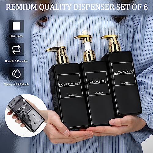 Gejoy 12 Pack Shampoo and Conditioner Dispenser Bottles, 17 Oz/ 500ml Refillable Empty Pump Bottles with Labels and Marker Pen, Plastic Pump Dispenser Bottle for Bathroom Kitchen Soap Lotion(Black)