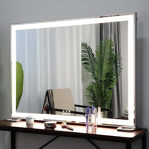 ANYHI Large Vanity Mirror with LED Light, 36.2" x 26.8"Hollywood Lighted Makeup Mirror, Tabletop/Wall Mirror for Bedroom & Makeup Room, Smart Touch Control, 3 Color Modes, Silver