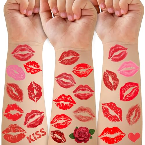 Valentines Lip Temporary Tattoos, Red Pink Lip Print Kiss Face Tattoo Stickers Body Decorations for Girls Kids