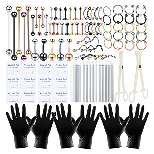 120PCS Body Piercing Kit Surgical Steel 14G 16G 20G BCR CBR Labret Lip Rings Cartilage Daith Earrings Nose Septum Nose Studs Belly Button Rings Piercing Jewelry Needles Gloves Clamps Tools
