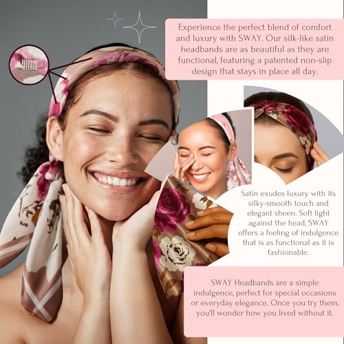 SWAY Small Satin Headbands for Women ? 6-Clip Non-Slip, Wear 10+ Ways as Headband, Boho, Gift for Her- 28in. Handmade in USA