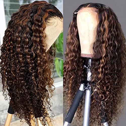 28 Inch Highlight Ombre Lace Front Wig Human Hair Highlight 1B/30 Black Brown 13x4 HD Lace Frontal Wigs Pre Plucked With Baby Hair Deep Wave Honey Blonde Human Hair Wigs for Black Women 180% Density
