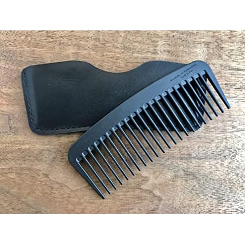 Chicago Comb Model 10 Carbon Fiber + Black Horween Leather Sheath, Wide Tooth, Made in USA