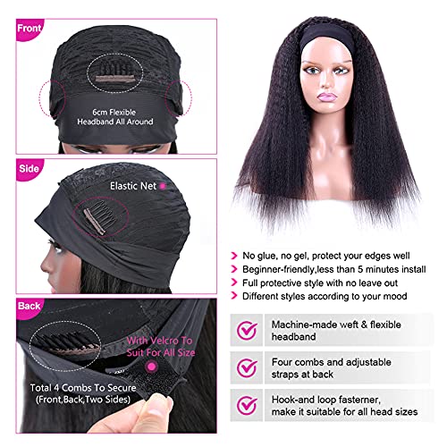 Headband Wigs Human Hair 180% Density 12A Kinky Straight Human Hair Headband Wigs For Black Women Yaki Straight Human Hair Wigs With Headband Attached Natural Black Color 24 Inch