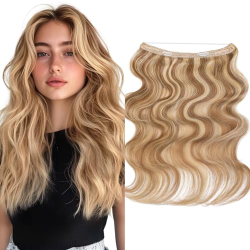 Elailite Halo Hair Extensions Real Human Hair for Women Golden Brown & Bleach Blonde Wavy Hair Halo Clip in Remy Hairpiece with Adjustable Invisible Wire 20 Inch 70G