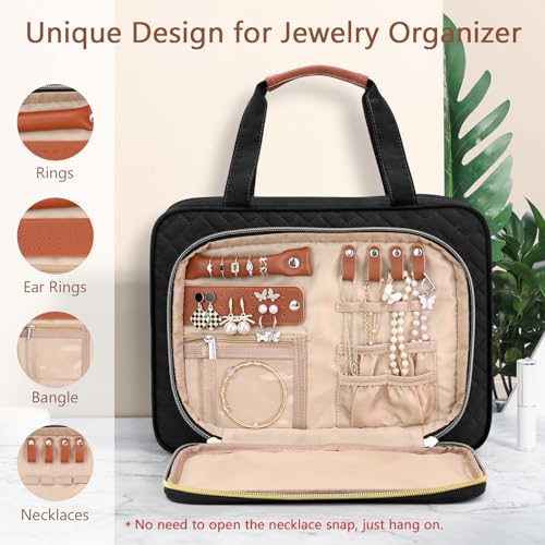 Wedama Toiletry Bag for Women, Hanging Travel Toiletry Bag with Jewelry Organizer Compartment Large Makeup Bag, PVC Waterproof Cosmetic Travel Bag for Travel Business Trips Camping Bathroom, Black