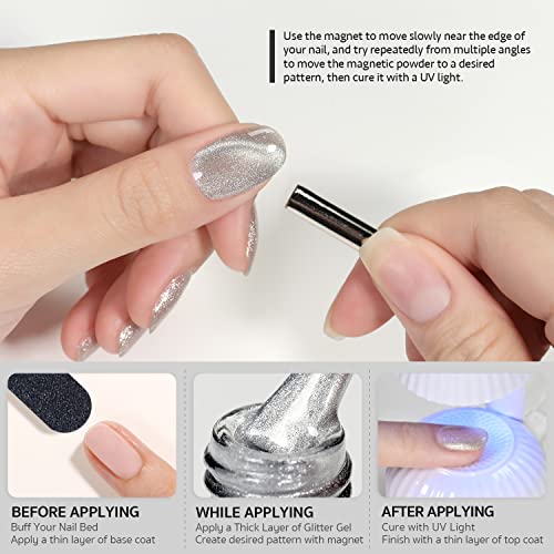 GAOY Cat Eye Gel Nail Polish, Glitter Holographic Nail Polish with Magnet, 16ml Reflective Translucent UV Gel for DIY at Home, 1138 Silver