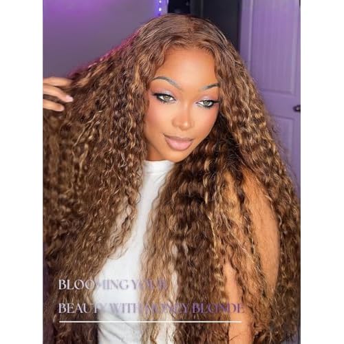 Honey Blonde Highlight Deep Wave 13x4 Lace Frontal Closure Only Human Hair 20In, 12A Virgin 100% Hand Tied Ear to Ear Ombre Brown HD Transparent Frontal Pre Plucked P4/27 Curly Lace Frontal Remy