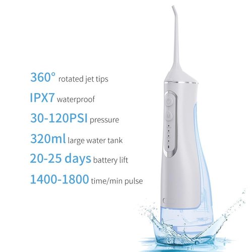 AURAVO Portable Cordless Water Flosser – 320ml Oral Irrigator for Teeth Cleaning | USB Rechargeable, IPX7 Waterproof, 1400–1800 Pulses/Min | Travel-Friendly Dental Floss Device for Braces & Gums
