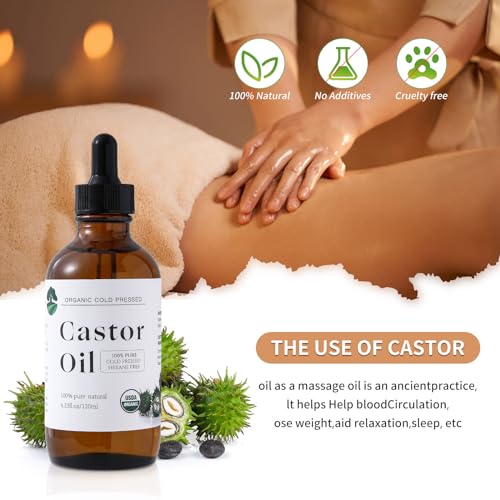 Organic Castor Oil Cold Pressed Unrefined - Hair Growth & Care, Thicker Eyelashes & Eyebrows (4.23FlOz) - Certified Organic, Hexane Free