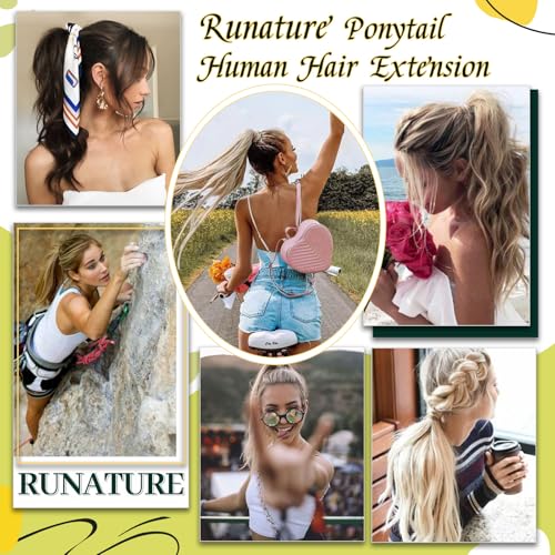 RUNATURE Ponytail Extension Human Hair, Real Hair Ponytail Extension Blonde, Straight Human Hair Ponytail, Remy Natural Hair Tangle Free, 14 Inch 70g #18P613 Ash Blonde Highlight Platinum Blonde