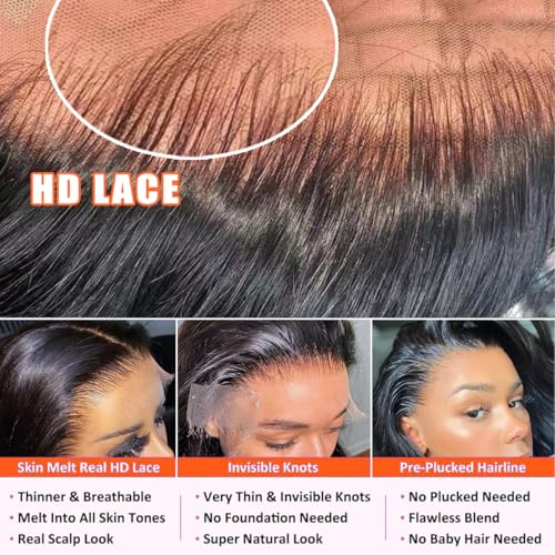 30 Inch 13x6 Body Wave Lace Front Wigs Human Hair 220 Density HD Lace Front Wigs Human Hair Pre Plucked Brazilian Virgin Wigs Human Hair for Women Glueless Lace Frontal Wig Natural Black Body Wave Wig