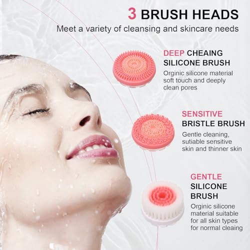 Facial Cleansing Brush, Waterproof Dual-Rotation Face Scrubber Exfoliator with 3 Brush Heads and 2 Adjustable Speeds, Rechargeable Exfoliating Face Brushes for Cleansing and Skin Care (Pink)