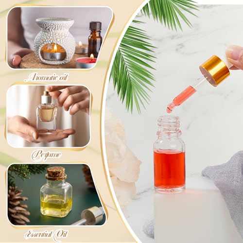 100 Pcs Mini Glass Oil Dropper Bottle Bulk, Clear Essential Small Empty Bottles Sample Containers Perfume Liquid Vials with Cap for Traveling (10 ml,Gold)