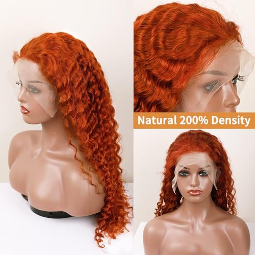DJFG Deep Wave Lace Front Wigs Human Hair Curly Wig Human Hair HD Frontal 200 Density 13x6 Lace Ginger Wig Human Hair Orange 30 Inch