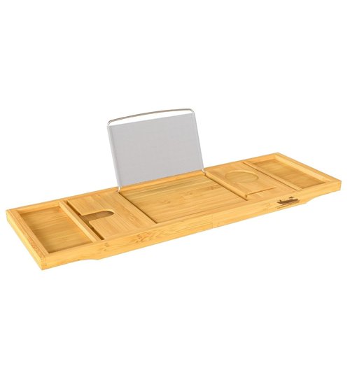 TranquilTideHome Foldable Bathtub Tray Expandable to 109cm with Bath Bomb and Scented Candle, Adjustable, Waterproof Bamboo Bathtub Caddy with Anti Slip Grip Pads for Home Spa