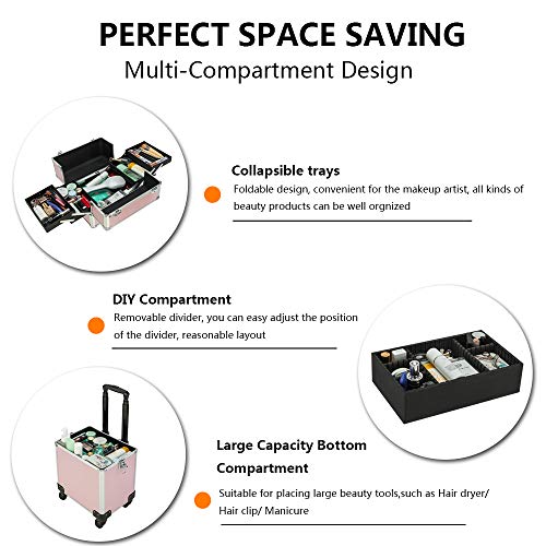mefeir 4 in 1 Rolling Makeup Train Case, Aluminum Makeup Travel Organizer Cosmetic Case, Cosmetology Display Suitcase on Wheels, Beauty Storage Luggage Lockable w/4 Removable Wheels (Pink)