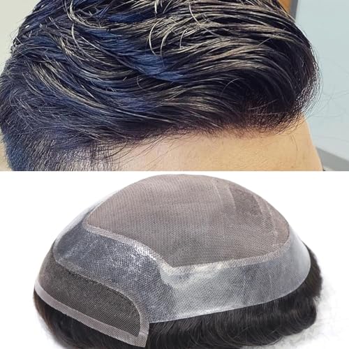 HAPPY&CC Men's Toupee Swiss Lace Front Human Hair Pieces for Men Fine Mono Top With Pu Around Mens Hair Replacement System Protesis Capilar Hombre #1B Off Black Color 7X9 Inch