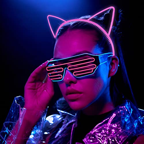 ZIRICHER 12pcs Glow in the Dark Headbands, Cat Ear Headband Plastic Light Up Hair Band Luminous Headband For Girls Party Crown Headbands