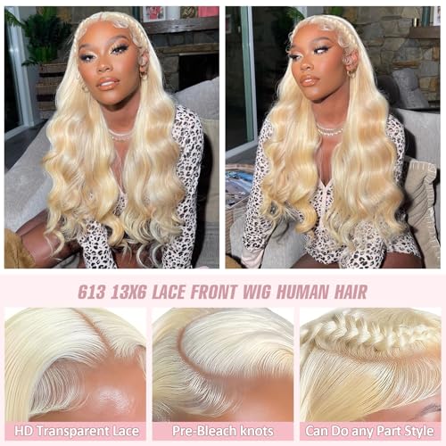 613 HD Lace Frontal Wig 200% Density 13x6 Blonde Color Body Wave Lace Front Wigs Human Hair Pre Plucked Glueless Wigs for Women (30inch)
