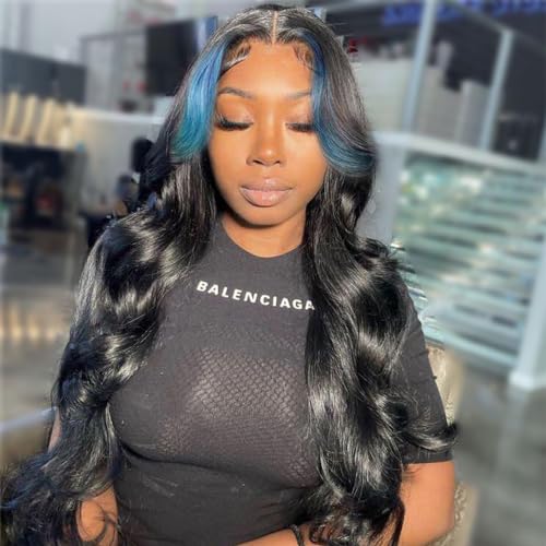 JYZ Skunk Stripe Wig Human Hair Lace Front Blue Lace Front Wig Human Hair Wavy 13X4 HD 200% Density Highlight Wigs Pre Plucked with Baby Hair 26inch Middle Part