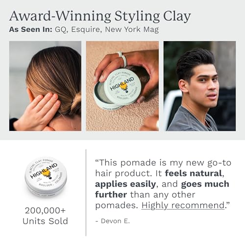 Highland Glacial Hair Clay Pomade - Award winning hair styling clay for men and women made with 100% all natural and organic ingredients that promote hair and scalp health. Low shine, Medium Hold.