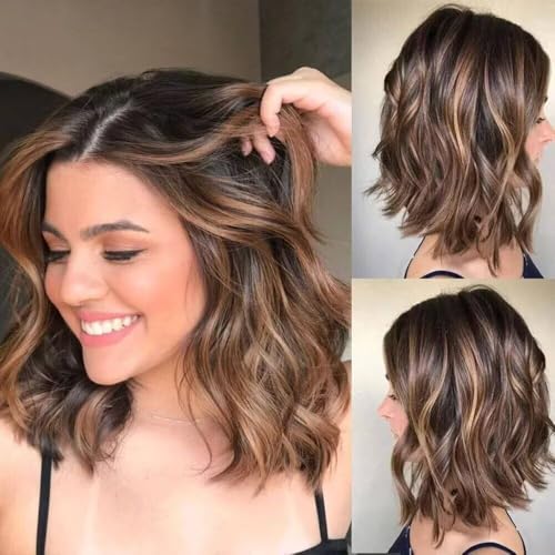 Ombre Brown Short Bob Wig Highlights Wavy Mixed Blonde Human Hair 13x6 HD Transparent Invisible Lace Front Wigs Pre Cut Pre Bleached Loose Wave Bob Brazilian Hair 150% Density 8inch