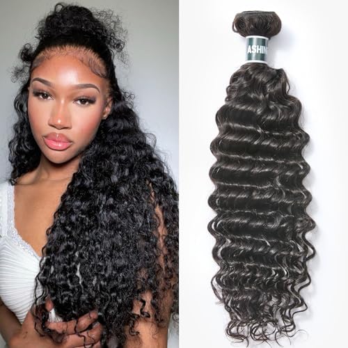 ASHINE Human Hair Bundle Deep Wave Unprocessed Cambodian Raw Hair 16 Inch, Flip Over Quick Weave Wet and Wave Bundles for Women Natural Black