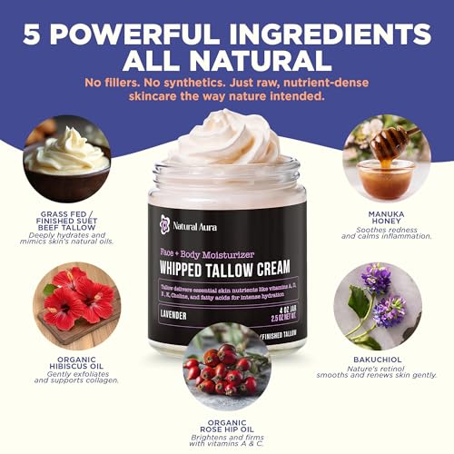 Whipped Beef Tallow for Skin - Face + Body Moisturizer, 100% Grass Fed Grass Finished Tallow and Honey Balm for Dry Skin - Natural Lotion - Free of Harsh Chemicals - 4oz, (Lavender)