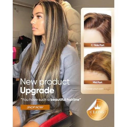 CLong Highlight Ombre Lace Front Wig Human Hair, 13x4 Straight 4/27 Honey Blonde HD Lace Front Wig Pre Plucked 200% Density Colored Lace Front Wigs for Black Women 26Inch
