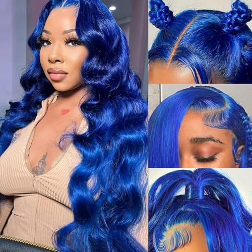 30 Inch Dark Blue Lace Front Wigs Human Hair 180% Density 13x4 HD Transparent Body Wave Lace Frontal Human Hair Wig Blue Glueless Colored Wigs for Women