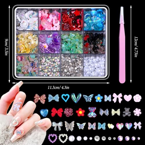 2 Boxes 3D Bow Nail Art, Carviar Beads for Nail Art, Assorted Flower Heart Butterfly Acrylic Bows Nails Charms with Pearls Gems Bead for Nail Design DIY Y2K Supplies